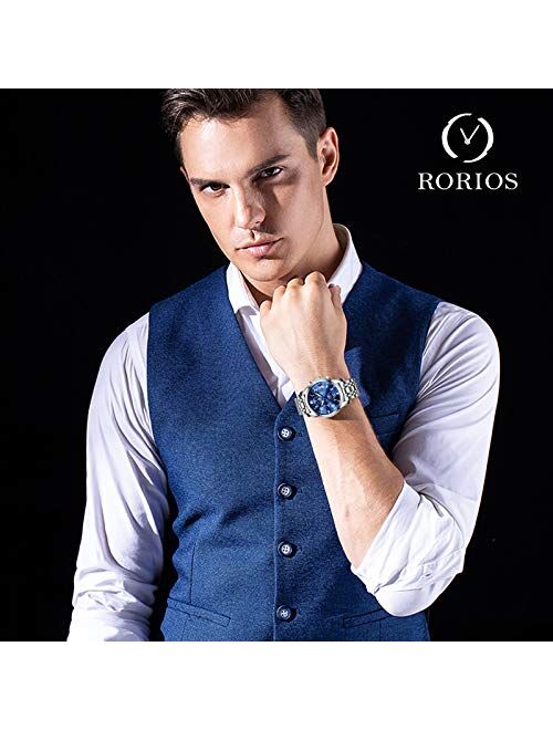 RORIOS Watches Analog Quartz Stainless Steel Band Business Luminous Waterproof Wrist Watch for Mens