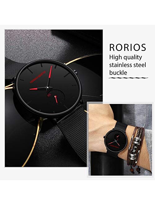 RORIOS Business Men Minimalist Watch Sport Watch Quartz Analog Watches Stainless Steel Mesh Strap Waterproof Ultra Thin Wrist Watches
