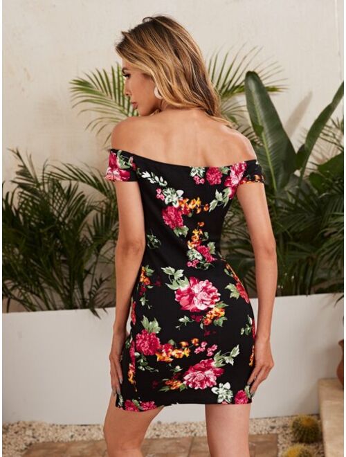 SHEIN Off Shoulder Split Hem Floral Print Dress