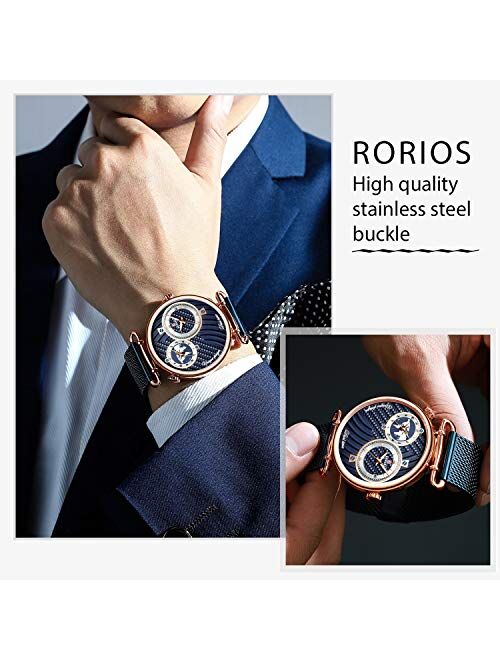 RORIOS Business Men Sport Watch Date Calendar Stainless Steel Mesh Strap Waterproof Wrist Watch