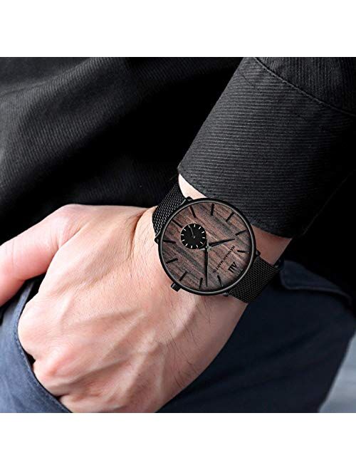 RORIOS Men Watches Analog Quartz Watch Minimalist Ultra Thin Wrist Watch with Black Stainless Steel Mesh Band Fashion Dress Watch for Men