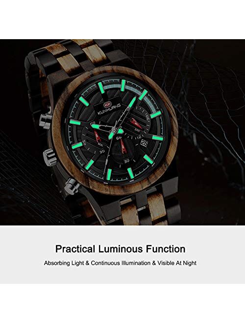 RORIOS Men Wooden Watch Luminous Watches Analog Quartz Watch Multifunction Wristwatches Natural Wood Watches for Men