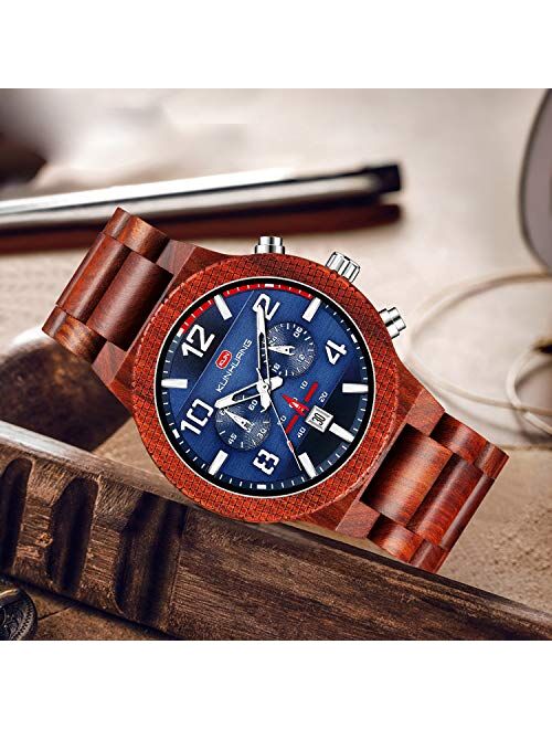 RORIOS Men Wood Watch Luminous Watches Handmade Analog Quartz Watches Multifunction Wristwatches Lightweight Nature Watches for Men