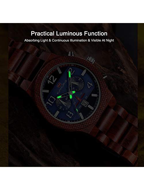 RORIOS Men Wood Watch Luminous Watches Handmade Analog Quartz Watches Multifunction Wristwatches Lightweight Nature Watches for Men