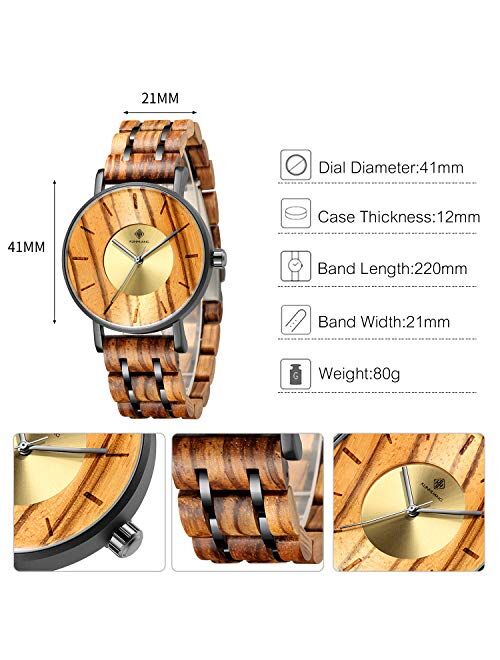 RORIOS Men Wood Watches Handmade Analog Quartz Watches Lightweight Natural Wrist Watch Wooden Wristwatches for Men