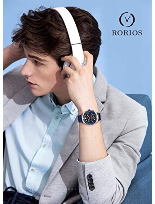 RORIOS Business Men Sport Watch Luminous Stopwatch Lap Timer Date Calendar Stainless Steel Mesh Strap Wrist Watch