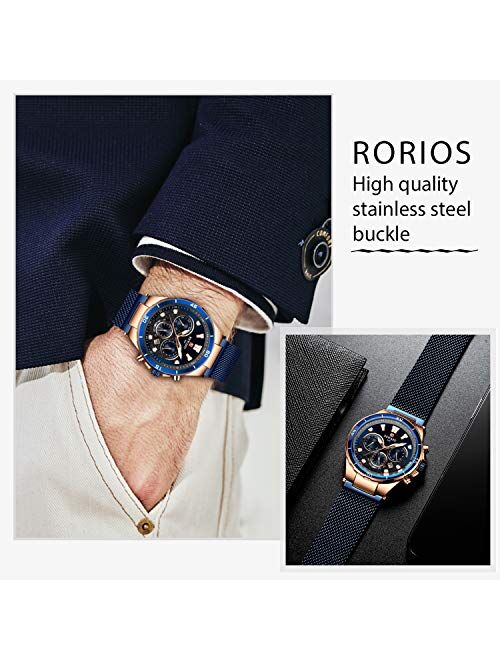 RORIOS Business Men Sport Watch Luminous Stopwatch Lap Timer Date Calendar Stainless Steel Mesh Strap Wrist Watch