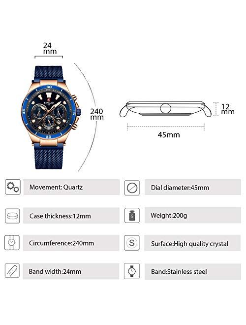 RORIOS Business Men Sport Watch Luminous Stopwatch Lap Timer Date Calendar Stainless Steel Mesh Strap Wrist Watch