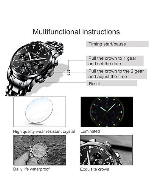 RORIOS Stainless Steel Watches Quartz Luxury Business Day Calendar Counts Chronograph Stopwatch Luminous Waterproof Multifunctions Wrist Watch for Mens