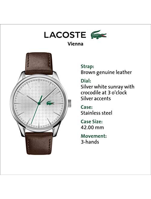 Lacoste Men's Stainless Steel Quartz Watch with Leather Calfskin Strap, Brown, 20 (Model: 2011101)