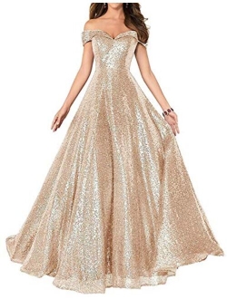 Elinadress Women's Long Off Shoulder Prom Dress 2020 Sparkly Sequins Evening Party Ball Gown 140