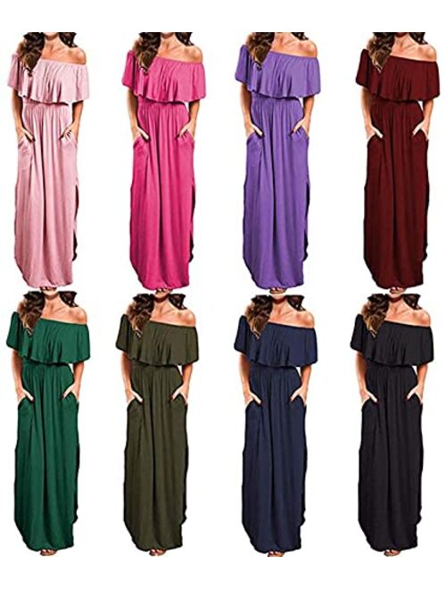 Womens Summer Off Shoulder Pocket Long Ruffle Dress Split Beach Maxi Dresses