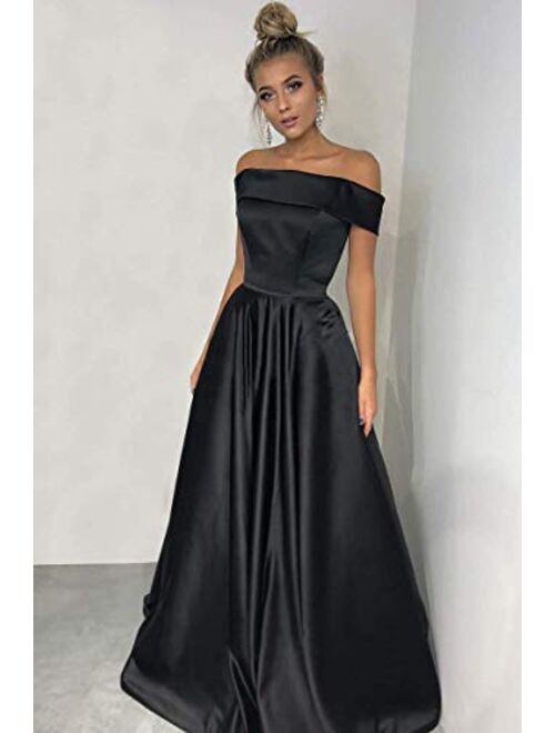 YuNuo Prom Dresses Off The Shoulder Evening Dresses Satin Beaded Party Dress A-Line Long with Pocket Formal Gown