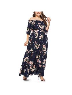 Women's Bohemian Floral Maxi Dress Off Shoulder Summer Printed Dress Floral Chiffon Wrap Boho Maxi Dresses-XXL