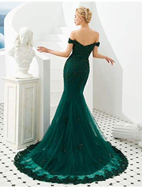 OYISHA Women Off The Shoulder Lace Prom Dresses Long 2021 Mermaid Formal Evening Gown P012