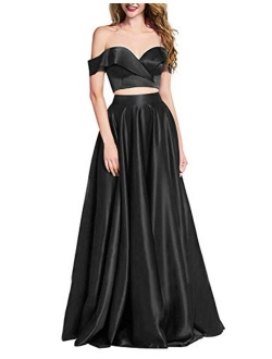 OYISHA Women 2 Piece Prom Dresses Long 2020 with Pockets Off The Shoulder Formal Evening Gown HP04