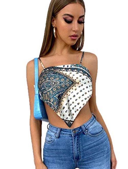 Milumia Women's Scarf Print Tie Back Spaghetti Strap Asymmetrical Satin Cami Crop Top