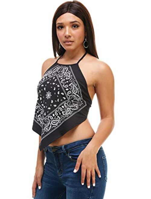 DOUBLEFIVE Women's Bandana Top Sexy Paisley Halter Crop and Slim Fit Tube Top Shirts