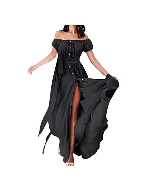 Religeuses Maxi Dress for Women Sexy Sleeveless Off Shoulder Summer High Split Dress Beach Casual Party Long Maxi Dress