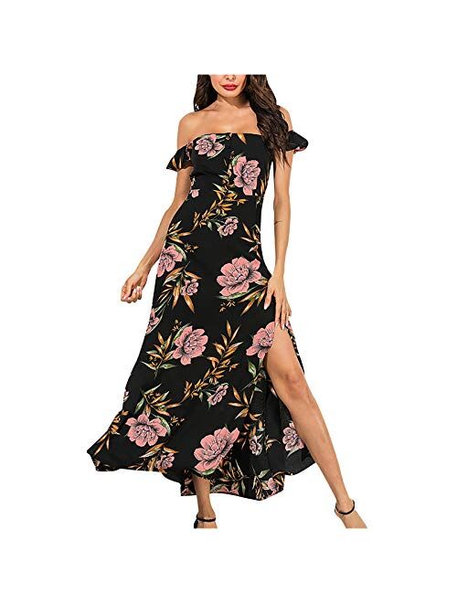 LightClouds Summer Dresses for Women Strapless Casual Dress Backless Flower Print Split Maxi Dress Beach Sundress Black