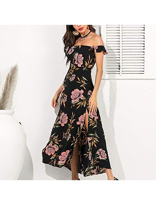 LightClouds Summer Dresses for Women Strapless Casual Dress Backless Flower Print Split Maxi Dress Beach Sundress Black