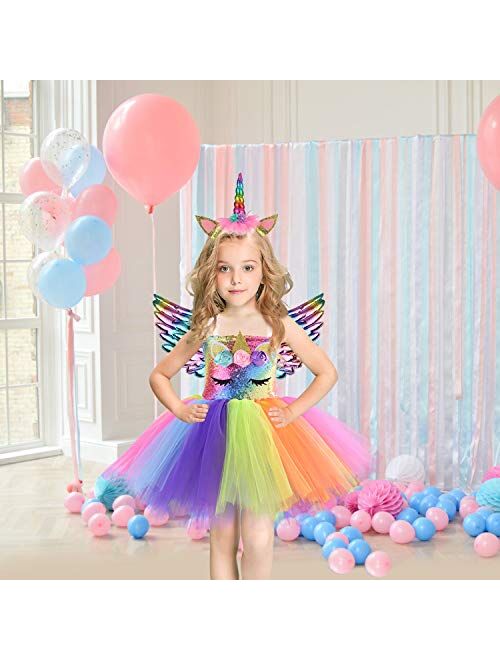 Unicorn Costume for Girls Rainbow Tutu Dress Up with Headband and Wing Outfit for Little Girls Brithday, 4T 6T 8T