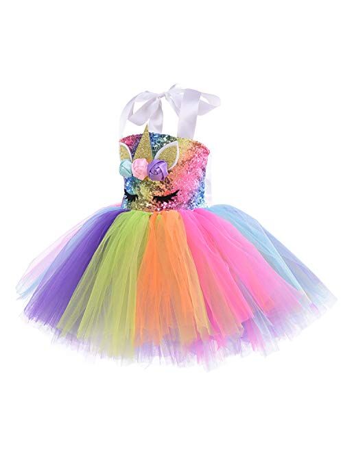 Unicorn Costume for Girls Rainbow Tutu Dress Up with Headband and Wing Outfit for Little Girls Brithday, 4T 6T 8T