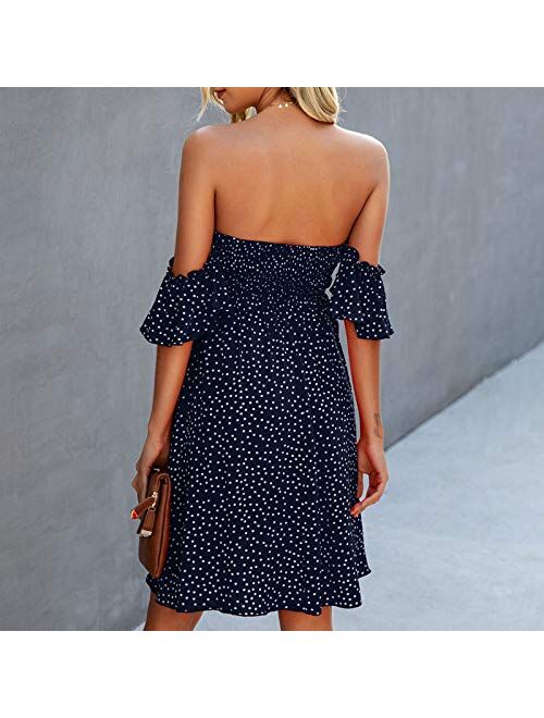 Giveyo Women's Ladies Loose Polka Dot Print Off Shoulder Ruffle Drawstring Mini Dress