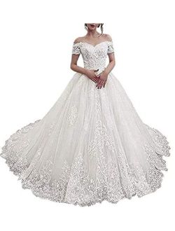 Harsuccting Women's Off The Shoulder Lace Appliques Ball Gown Wedding Dress for Bride 2021 Bridal Gown
