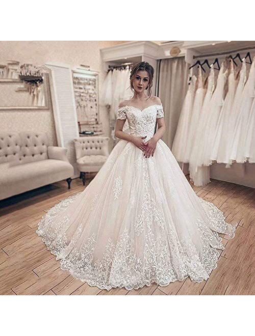 Harsuccting Women's Off The Shoulder Lace Appliques Ball Gown Wedding Dress for Bride 2021 Bridal Gown