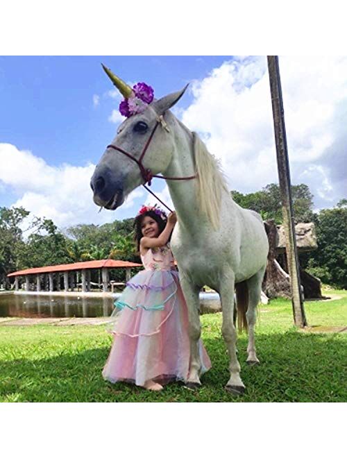 HNXDYY Girl Unicorn Party Princess Dress Rainbow Tulle Long Wedding Gown Birthday Kids Clothes
