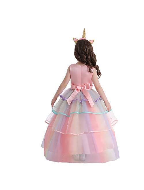 HNXDYY Girl Unicorn Party Princess Dress Rainbow Tulle Long Wedding Gown Birthday Kids Clothes
