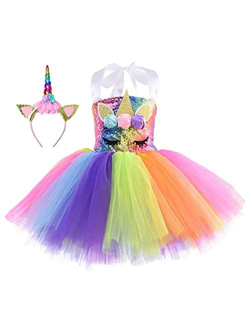 Simplecc Princess Party Dress for Girls Unicorn Dress Birthday Party with Headband Size 4T 5T 6T 7T 8T 9T 10T