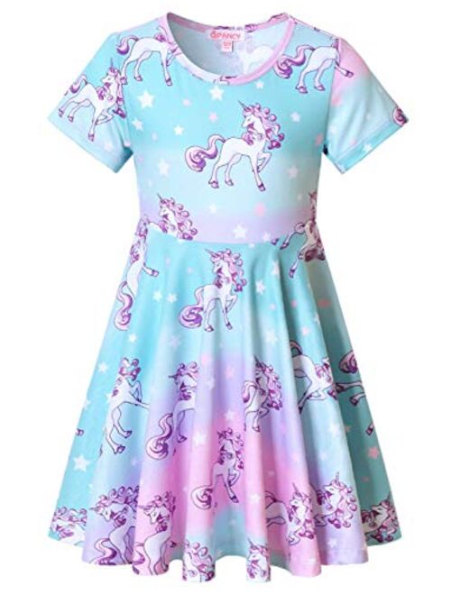 Girls Unicorn Dresses Summer Swing Short Sleeve Casual Clothes for Little Kids