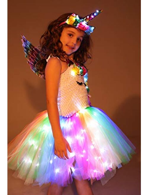 Soyoekbt Girls Unicorn Costume LED Light Up Unicorn Dress Birthday Party Princess Dress for Halloween Party