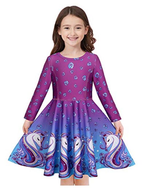 Quedoris Girls Dress Unicorn Printed Casual Party Twirly Dress for Kids in 2t to 9 Years