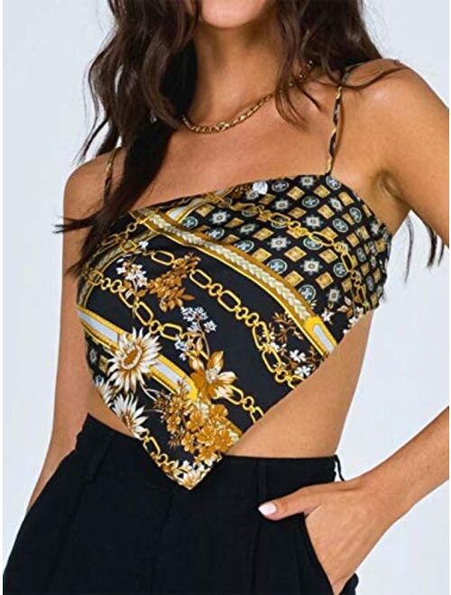 Arjungo Women's French Hanky Hem Tie Knot Back Ajustable Spaghetti Strap Satin Silk Camisole Bandana Crop Top