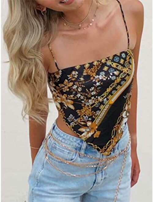Arjungo Women's French Hanky Hem Tie Knot Back Ajustable Spaghetti Strap Satin Silk Camisole Bandana Crop Top