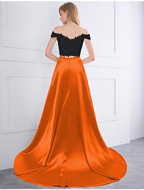 Lover Kiss Long Two Piece Prom Dresses with Slit Lace Satin Formal Party Gown for Juniors 2020