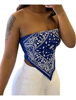 Sexy Crop Tops for Women Paisley Party Club Cothes Strapless Stretchy Bandeau Tube Tops Smocked Bandana Top
