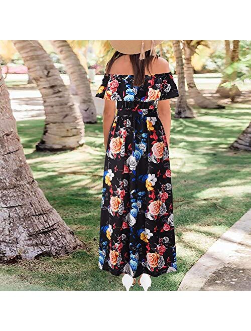 HHoo88 Women's Off Shoulder Maxi Dress Floral Print Long Dresses for Summer Party Flowy Dresses Beach Maxi Dress