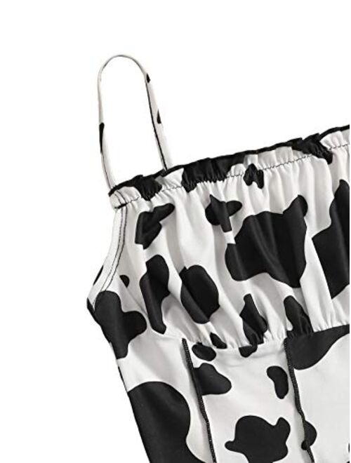 Romwe Women's Cow Print Spaghetti Strap Ruched Bust Bandana Cami Crop Tops Camisole