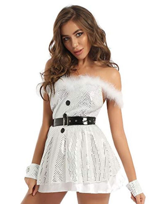 XUNZOO Womens 3Pcs Sexy Shiny Sequin Off Shoulder Faux Fur A-line Mini Dress Xmas Holiday Party Wear