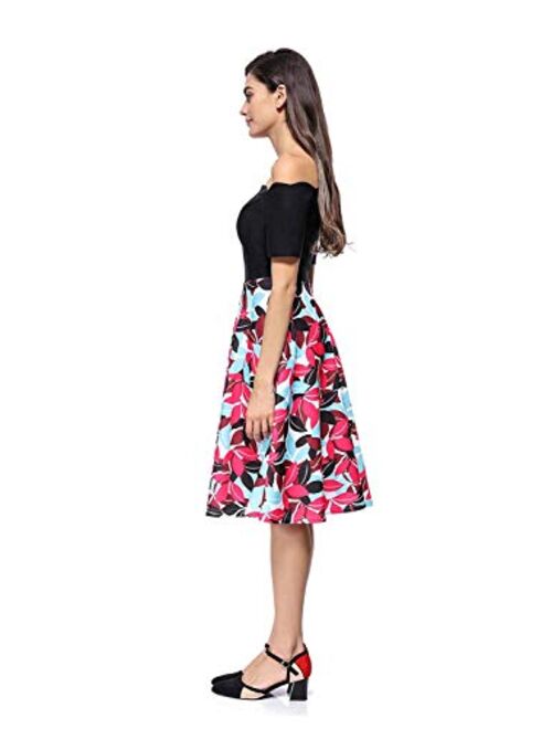 Edutitta Women's Off Shoulder High Waist Vintage Ruffle Floral Flared A Line Swing Casual Cocktail Party Evening Dresses
