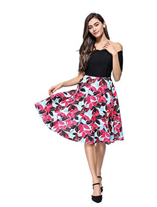 Edutitta Women's Off Shoulder High Waist Vintage Ruffle Floral Flared A Line Swing Casual Cocktail Party Evening Dresses