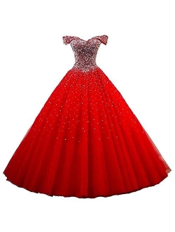 Dydsz Women's Heavy Beaded Evening Dresses with Sleeves Quinceanera Party Ball Gown