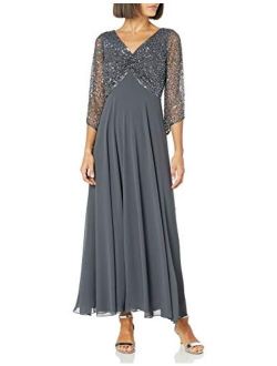 Women's Petite 3/4 Sleeve V-Neck Beaded Top Long Gown