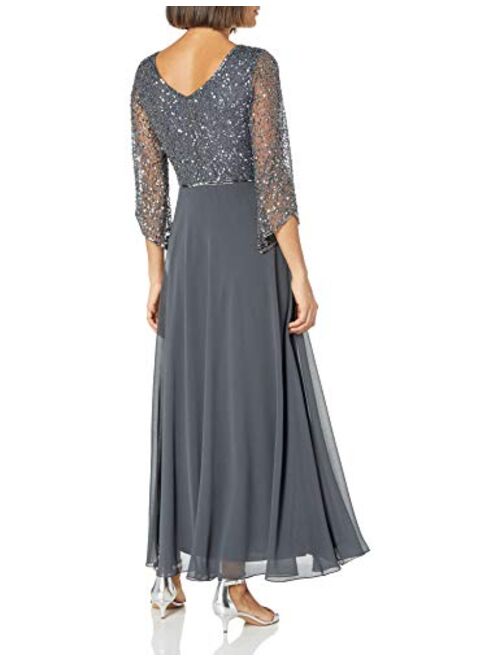 J Kara Women's Petite 3/4 Sleeve V-Neck Beaded Top Long Gown
