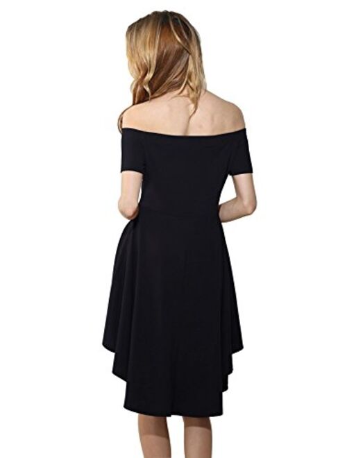 Wsirmet Women's Off-Shoulder Backless Short Sleeve Ruffle Swing Dovetail Midi Dress