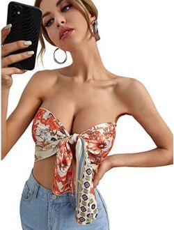 Women's Floral Print Strapless Knot Front Bandana Tube Crop Tops